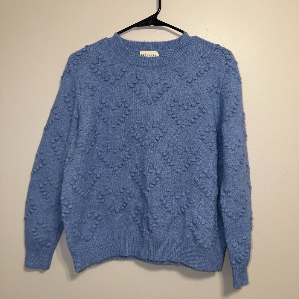 Dreamers Heart Knit Sweater Size Small Blue Cozy Crewneck Soft Top - Picture 2 of 7